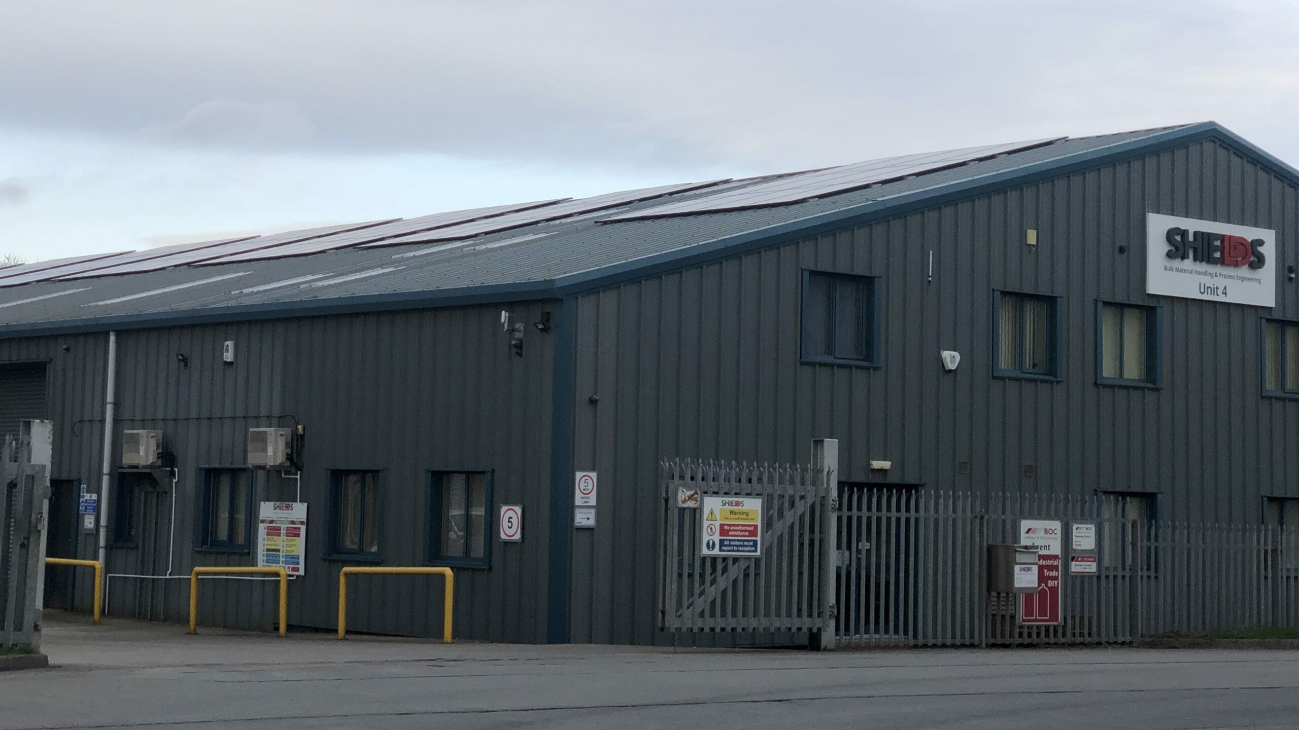 External image of Shields premises showing solar panels